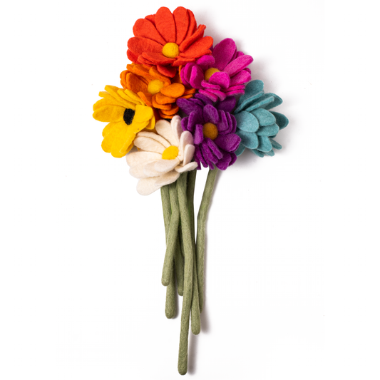 Bunch of felt daisies in yellow, orange, reddish orange, bright pink, light blue, purple, and white.
