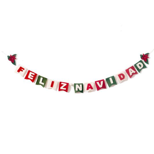 Felt garland spelling out Feliz Navidad in red and white letters on small dovetail flags in white, red, and green.