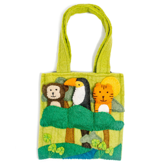 Green felt puppet bag with a monkey, toucan, and tiger finger puppets in trees.
