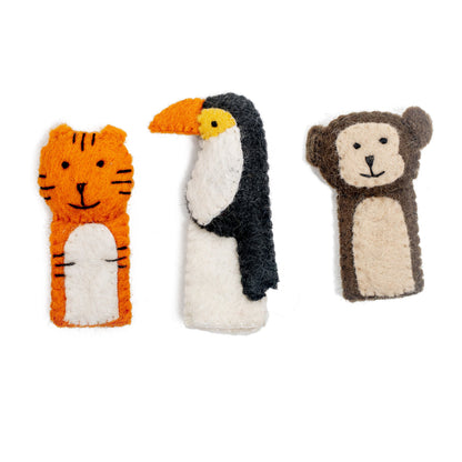 Close up of finger puppets of a tiger, toucan, and monkey