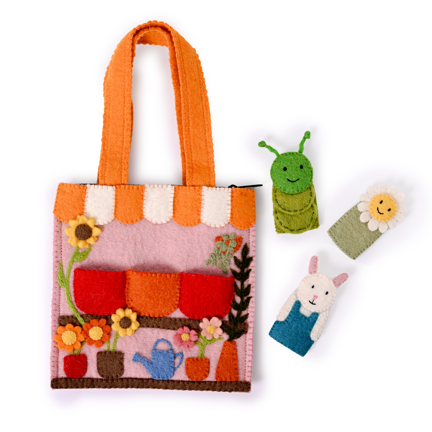Felt flower shop puppet bag with removable flower, caterpillar and bunny felt finger puppets.