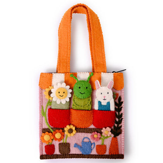 Felt flower shop puppet bag with removable flower, caterpillar and bunny felt finger puppets.