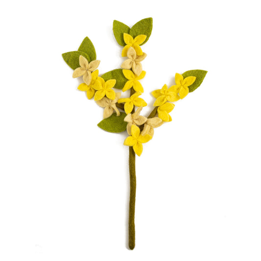 Felt yellow Forsythia flower with three branches on stem.