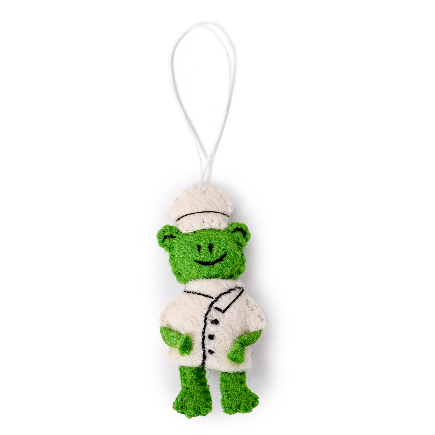 Felt ornament of a frog in a chef's hat and coat.
