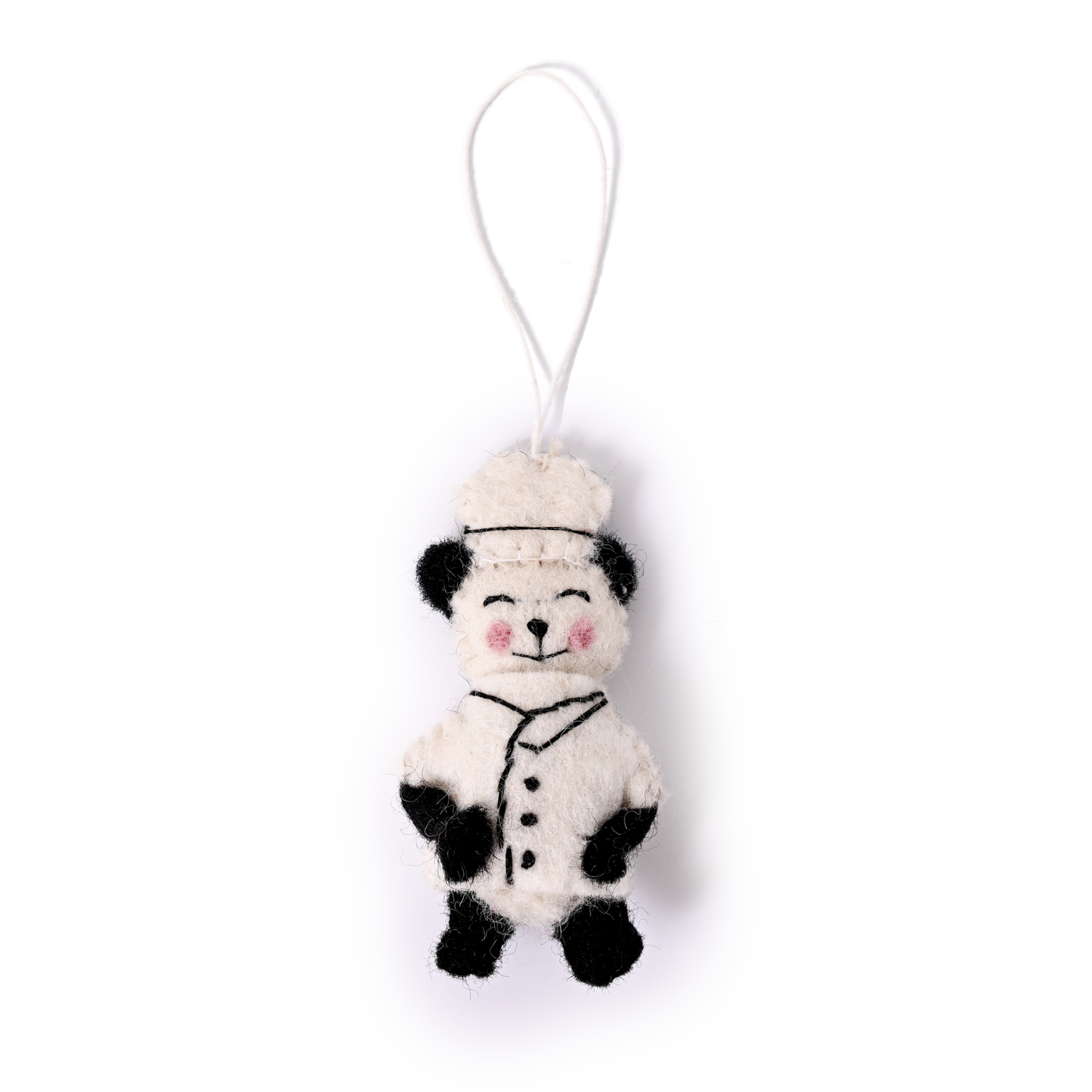Felt ornament of a panda in a Chef's hat and coat.