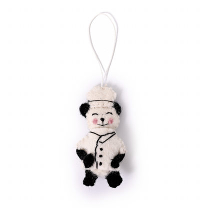 Felt ornament of a panda in a Chef's hat and coat.