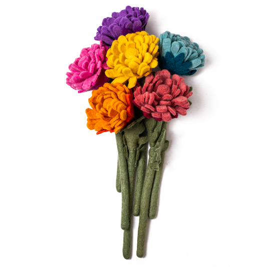 Bunch of felt flowers with many petals in yellow, orange, bright pink, purple, blue, and dusty pink.