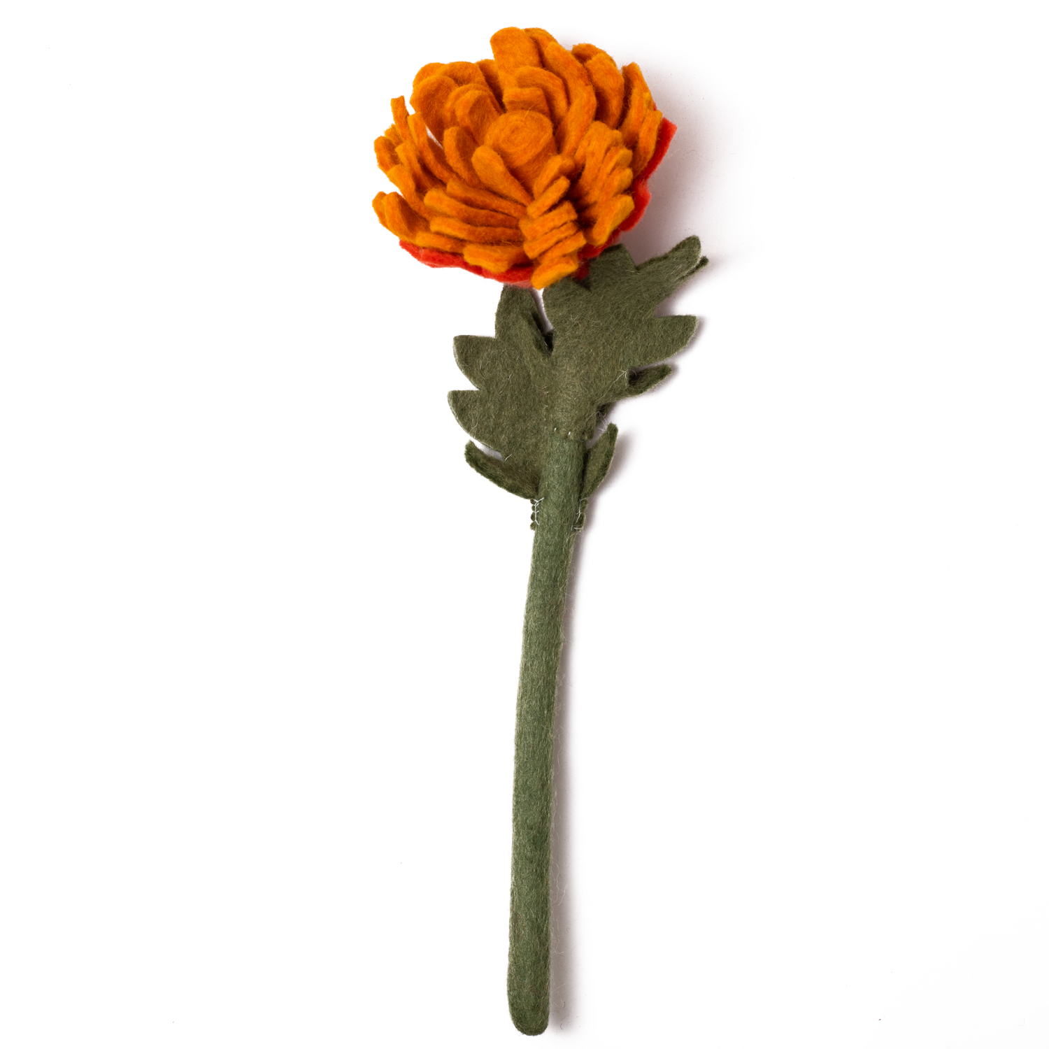 Orange felt flower with many petals.
