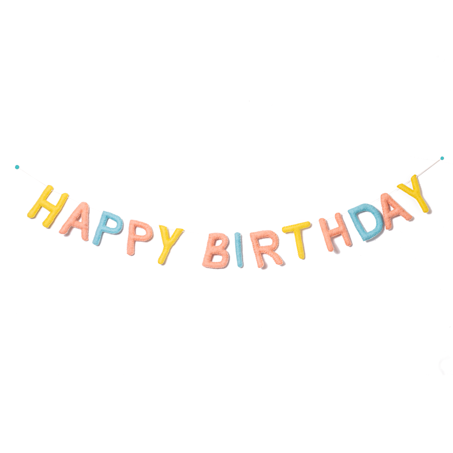 Felt garland spelling Happy Birthday in pastel yellow, pink, and blue colors.
