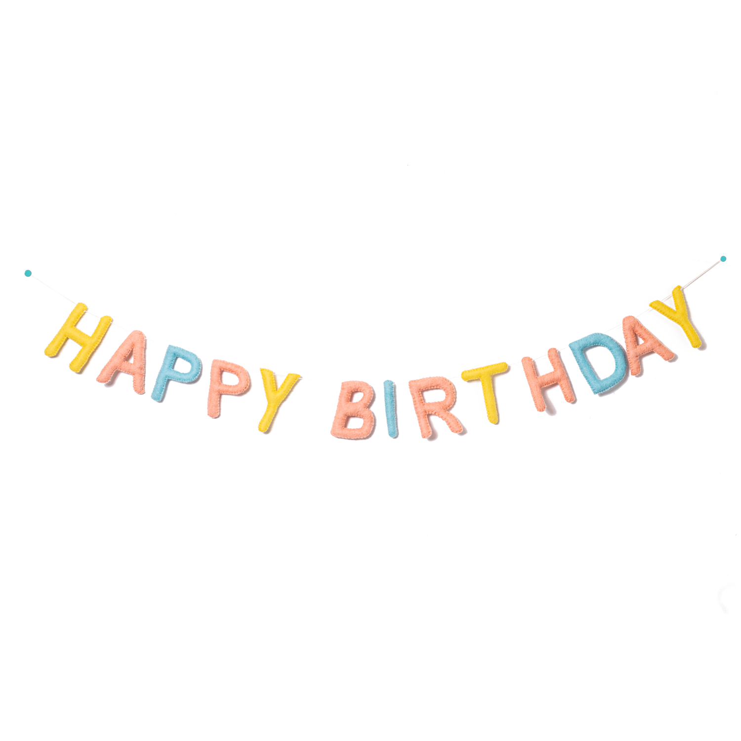 Felt garland spelling Happy Birthday in pastel yellow, pink, and blue colors.