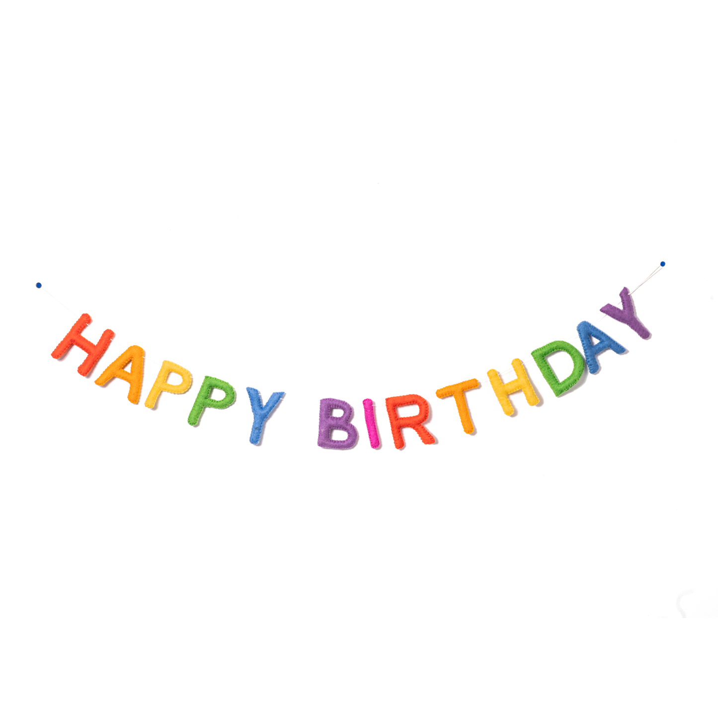 Felt garland spelling Happy Birthday in bright classic rainbow colors.