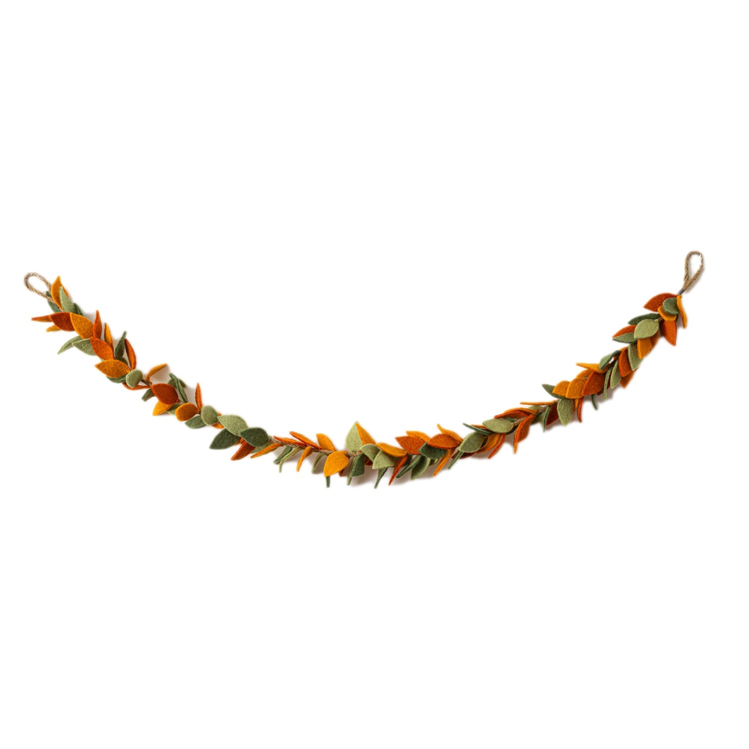 Felt garland of leaves in orange and green hanging.