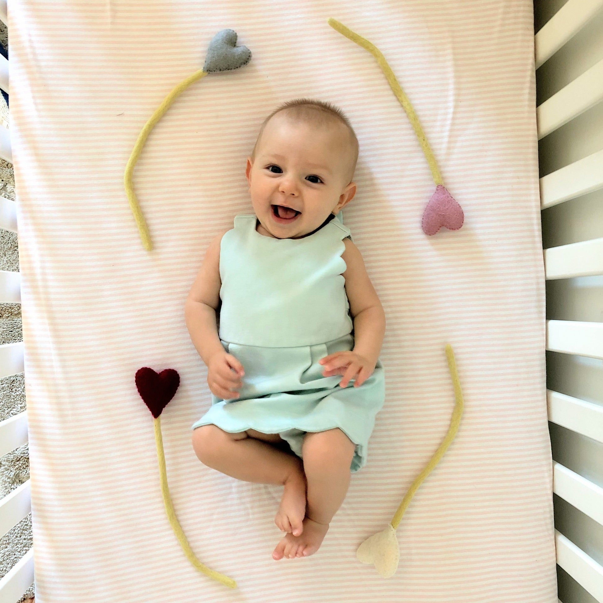 Felt heart accent stems in white, pink, blue, and red shown around a baby in blue dress.