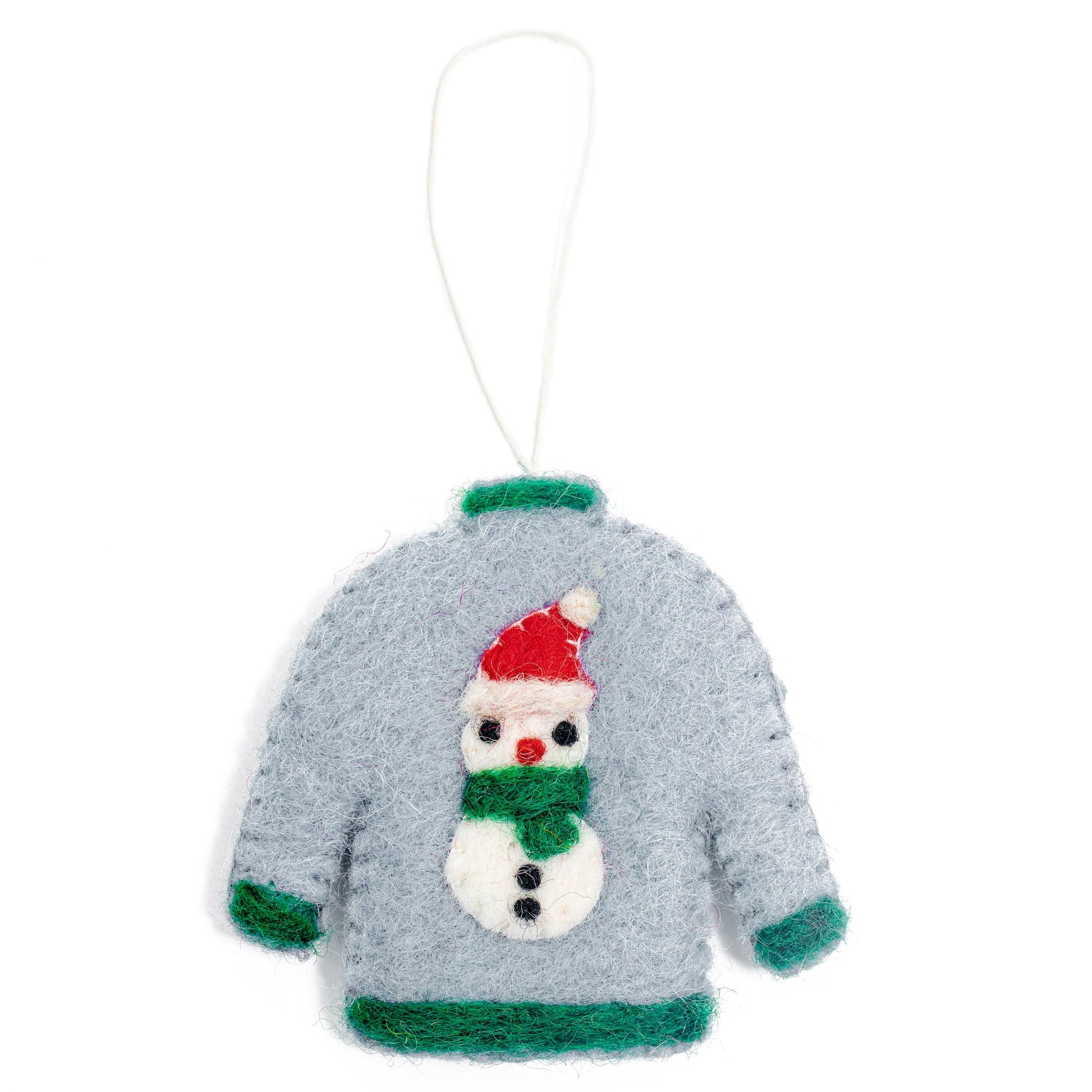 Felt ornament of a grey Christmas sweater with a snowman in the middle and green trim.