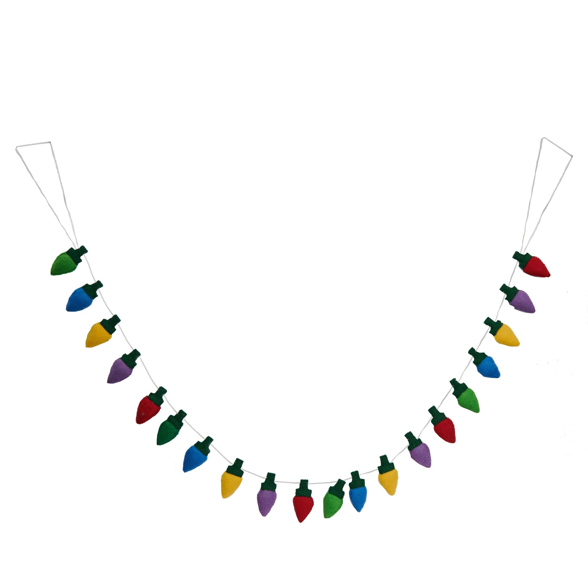 Felt garland of Christmas lights in green, blue, yellow, purple, and red.