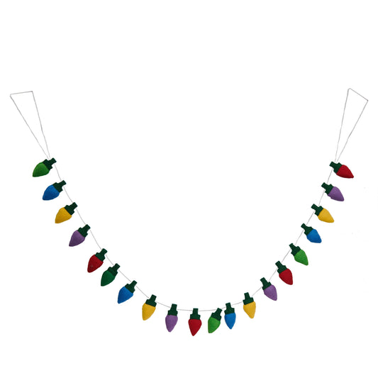 Felt garland of Christmas lights in green, blue, yellow, purple, and red.