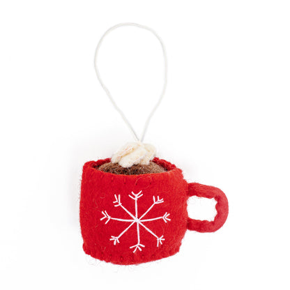 Felt ornament of hot cocoa in a red mug with white snowflake on it.