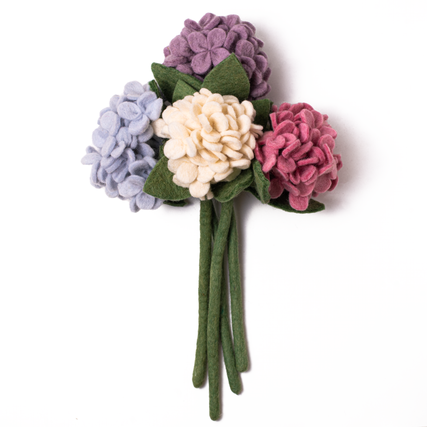Bunch of felt hydrangea flowers in light blue, purple, pink, and white.