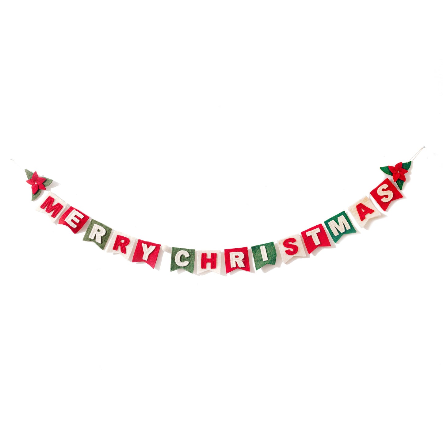 Felt garland spelling out Merry Christmas in red and white letters on small dovetail flags in white, red, and green.
