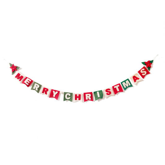 Felt garland spelling out Merry Christmas in red and white letters on small dovetail flags in white, red, and green.