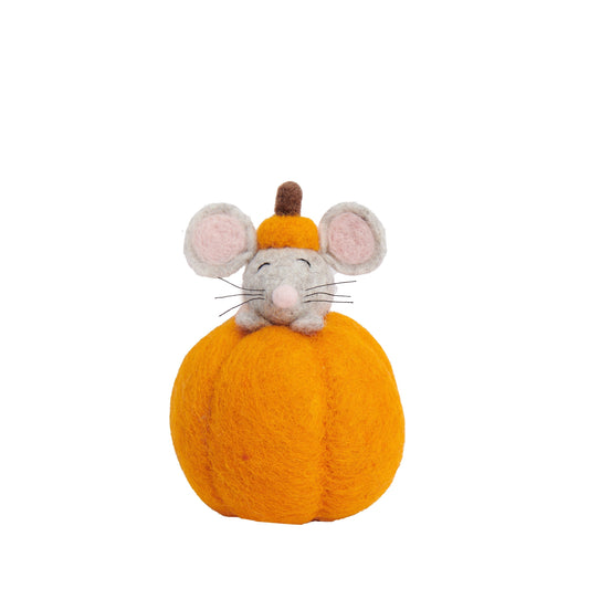 Small orange felt pumpkin with grey mouse poking its head up out of it.