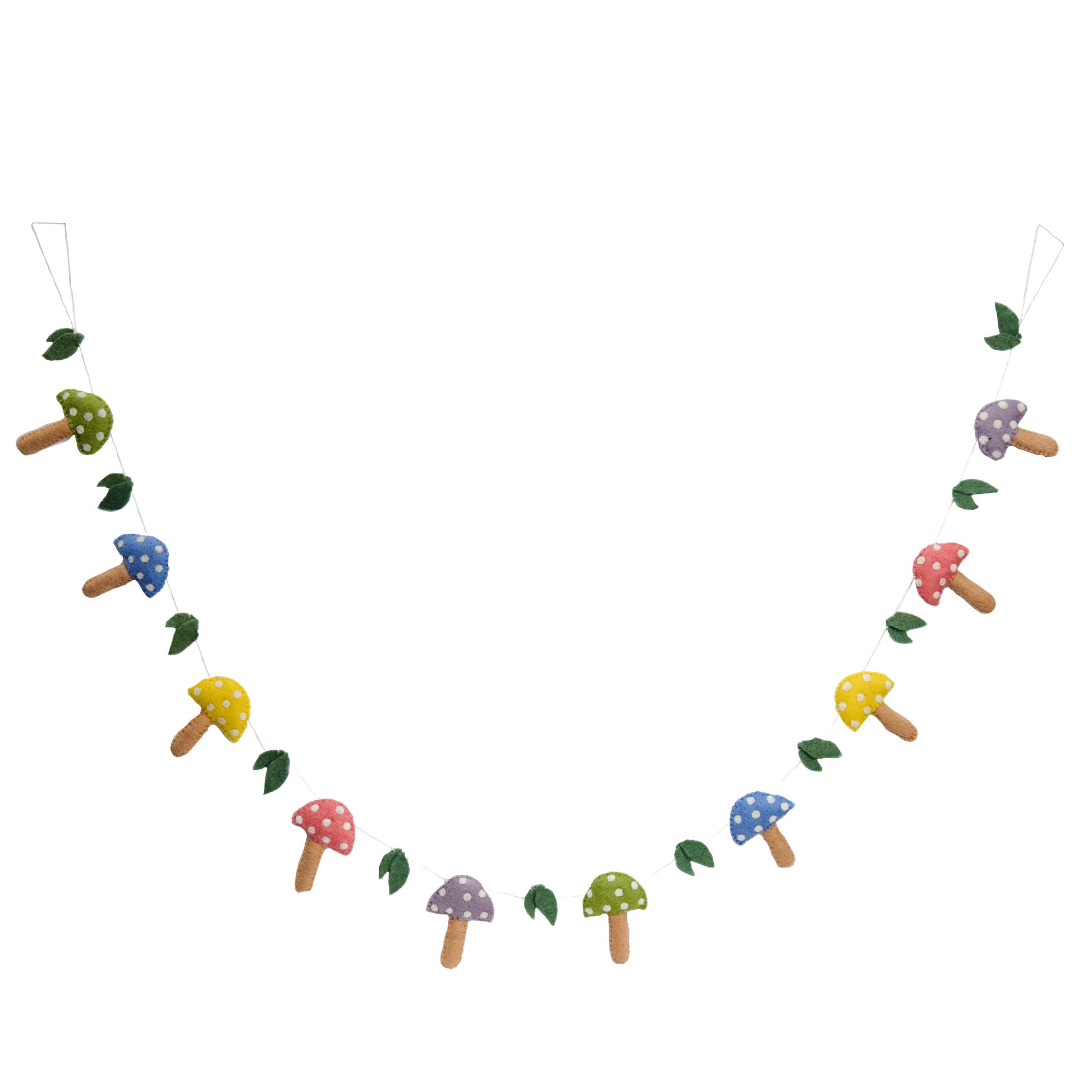 Felt garland of mushrooms in pastel colors of green, blue, yellow, pink, and purple.