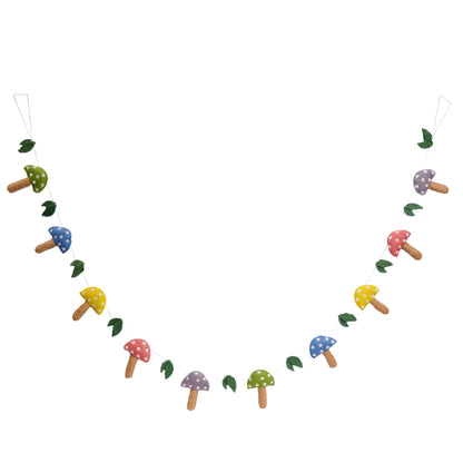 Felt garland of mushrooms in pastel colors of green, blue, yellow, pink, and purple.