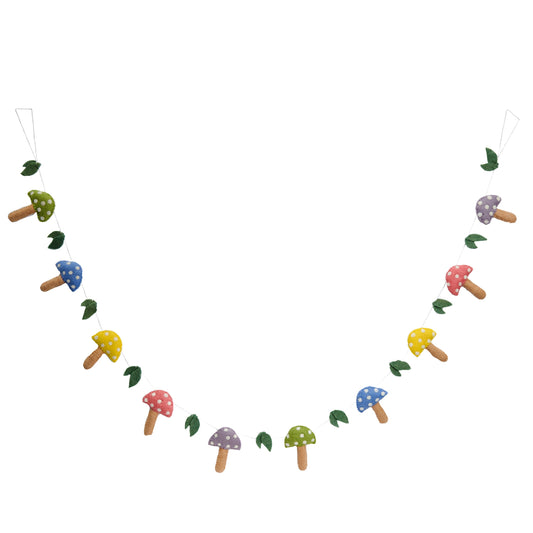 Felt garland of mushrooms in pastel colors of green, blue, yellow, pink, and purple.