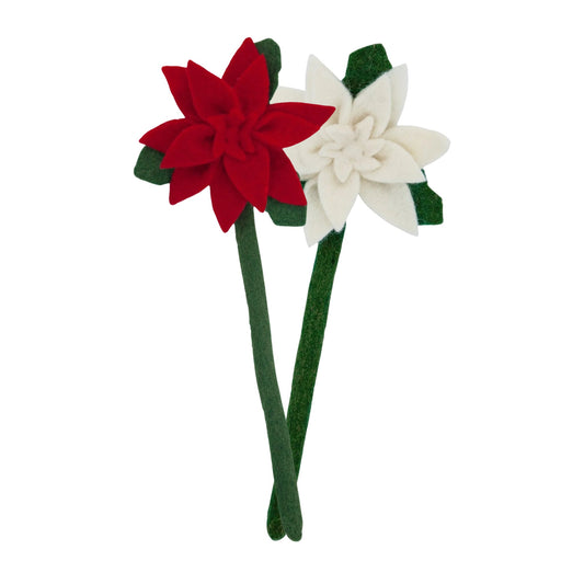 Felt Poinsettia flowers, one in red and the other white.