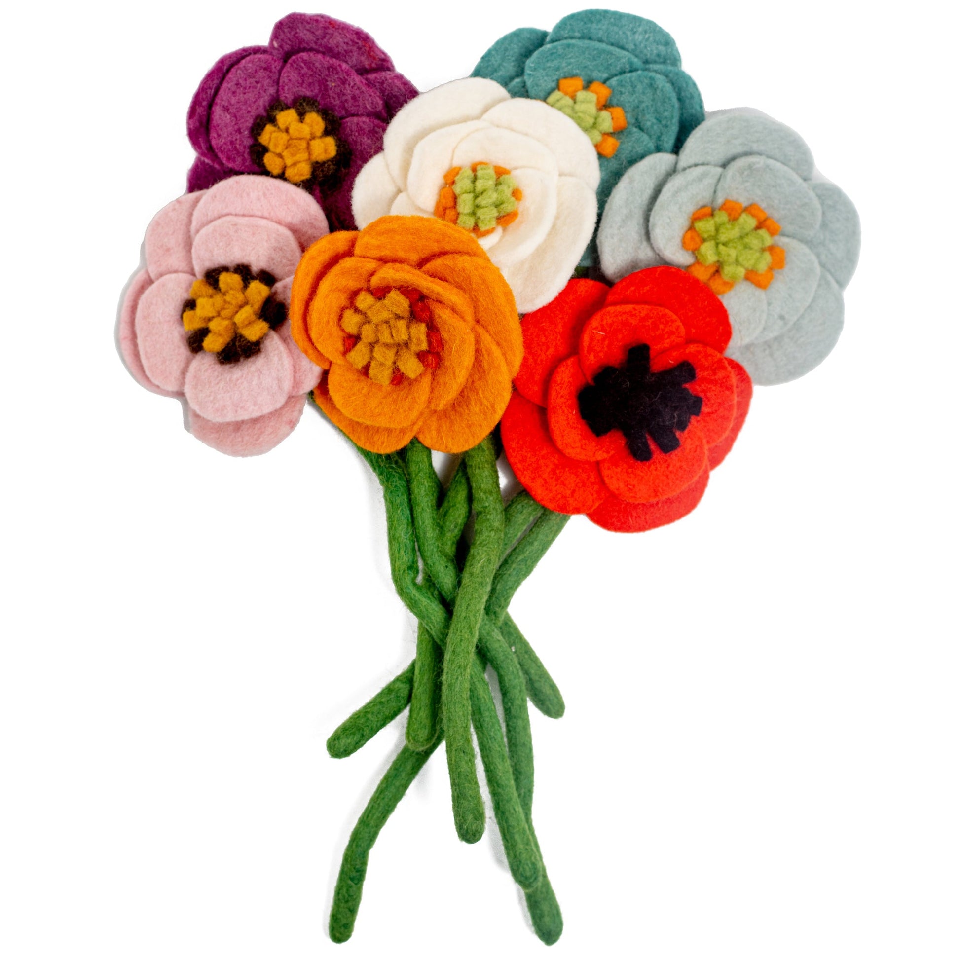 Bouquet of pink, purple, orange, white, blue, red, and light blue felt poppies.