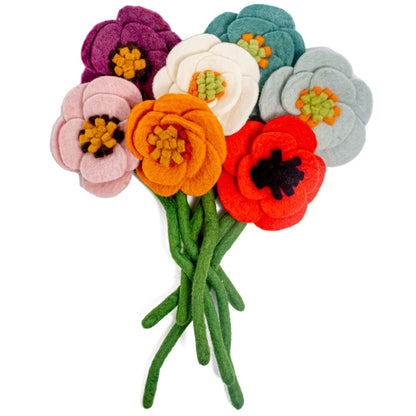 Bouquet of pink, purple, orange, white, blue, red, and light blue felt poppies.