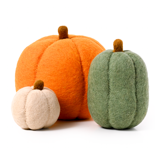 Three felt pumpkins, one large orange pumpkin, one medium oblong green one, and one small tan one.