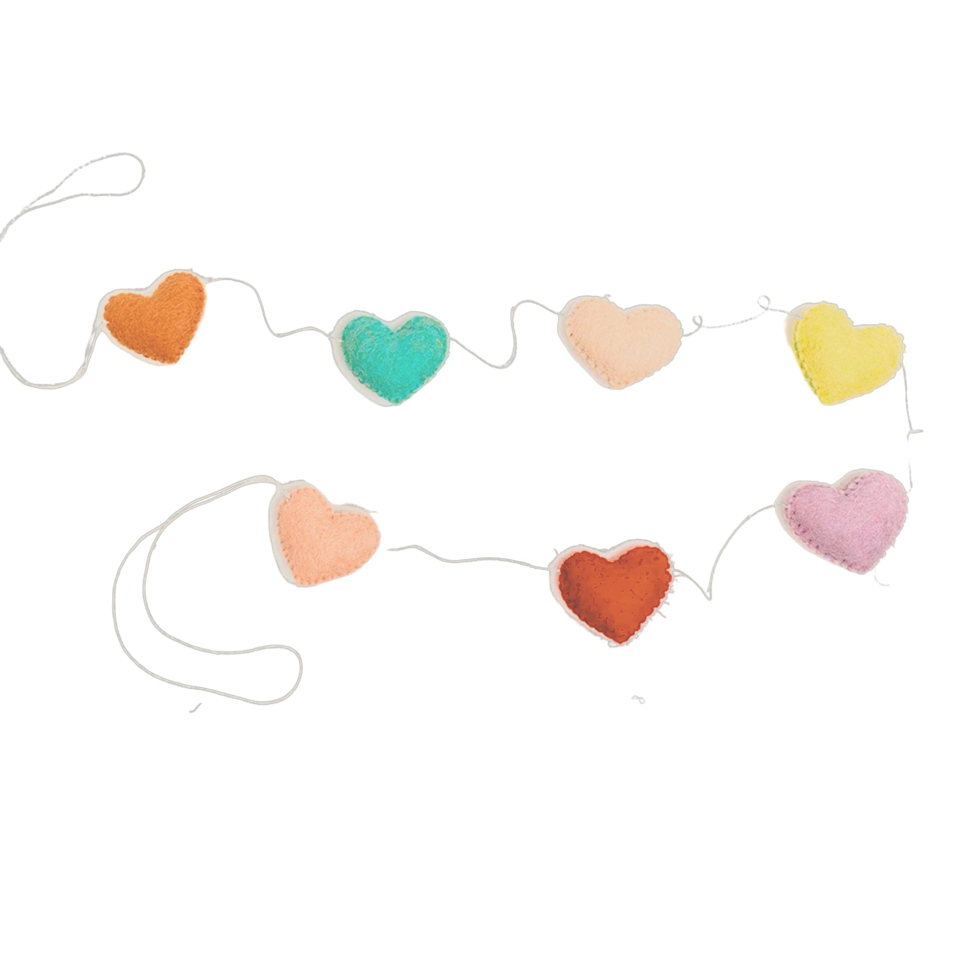 Felt garland of hearts in alternating colors of orange, teal, peach, yellow, pink and red.
