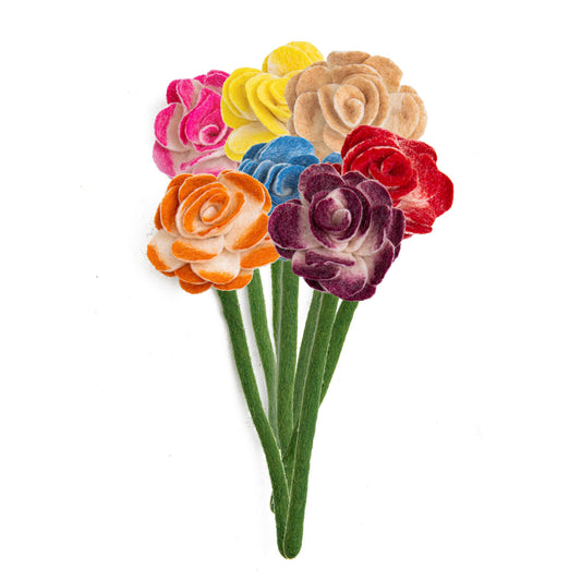 Bunch of felt Ranunculus flowers in orange, pink, yellow, cream, red, purple, and blue.