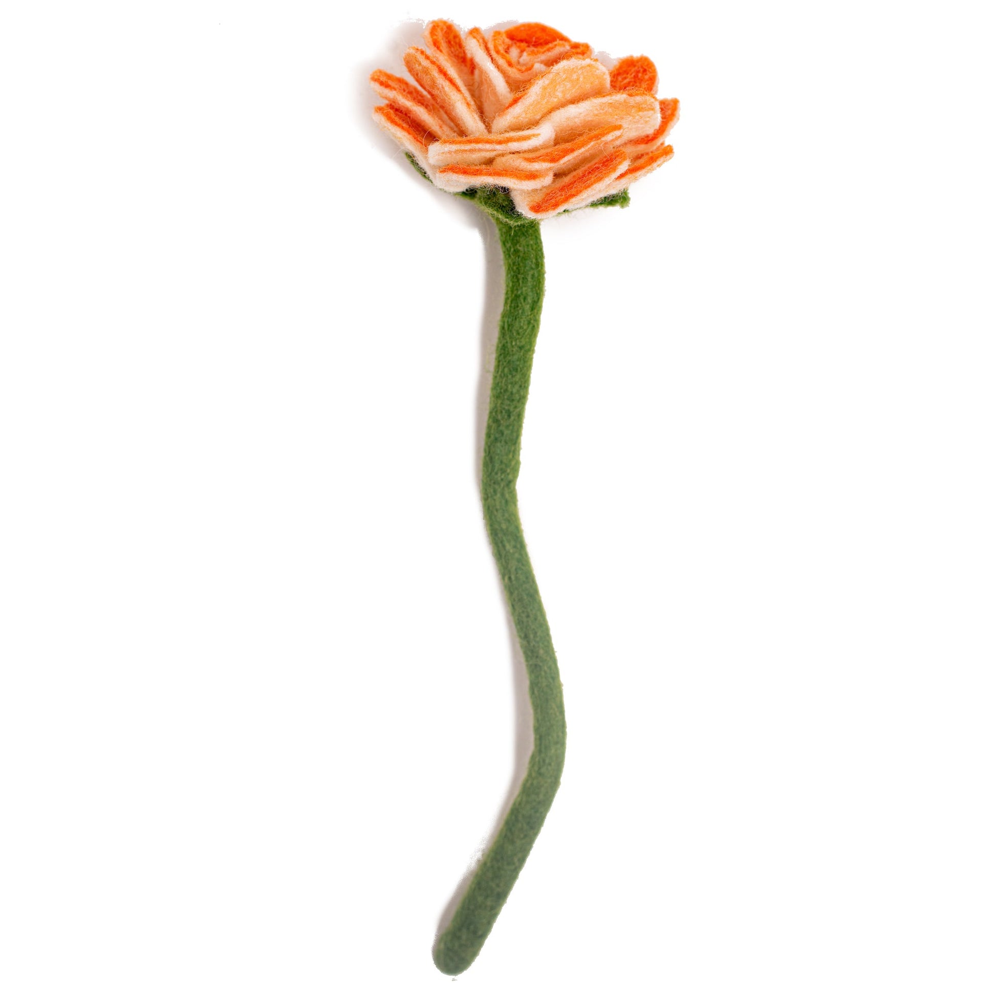 Side view of orange felt Ranunculus flower.