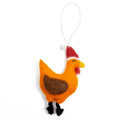 Felt ornament of a chicken in a Santa hat.
