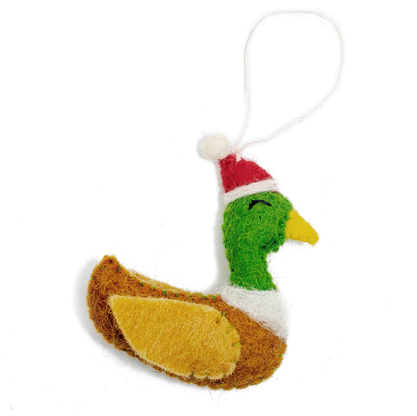 Felt ornament of a duck in a Santa hat.