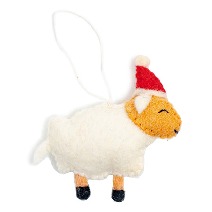 Felt ornament of a sheep in a Santa hat.