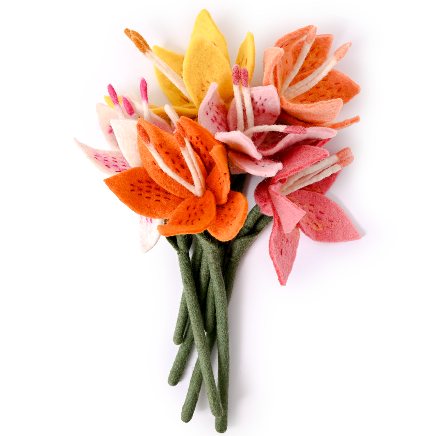 Bunch of felt Stargazer Lily flowers in orange, pink, yellow, peach, apricot, and white.