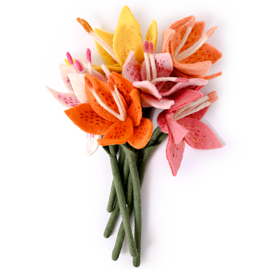 Bunch of felt Stargazer Lily flowers in orange, pink, yellow, peach, apricot, and white.