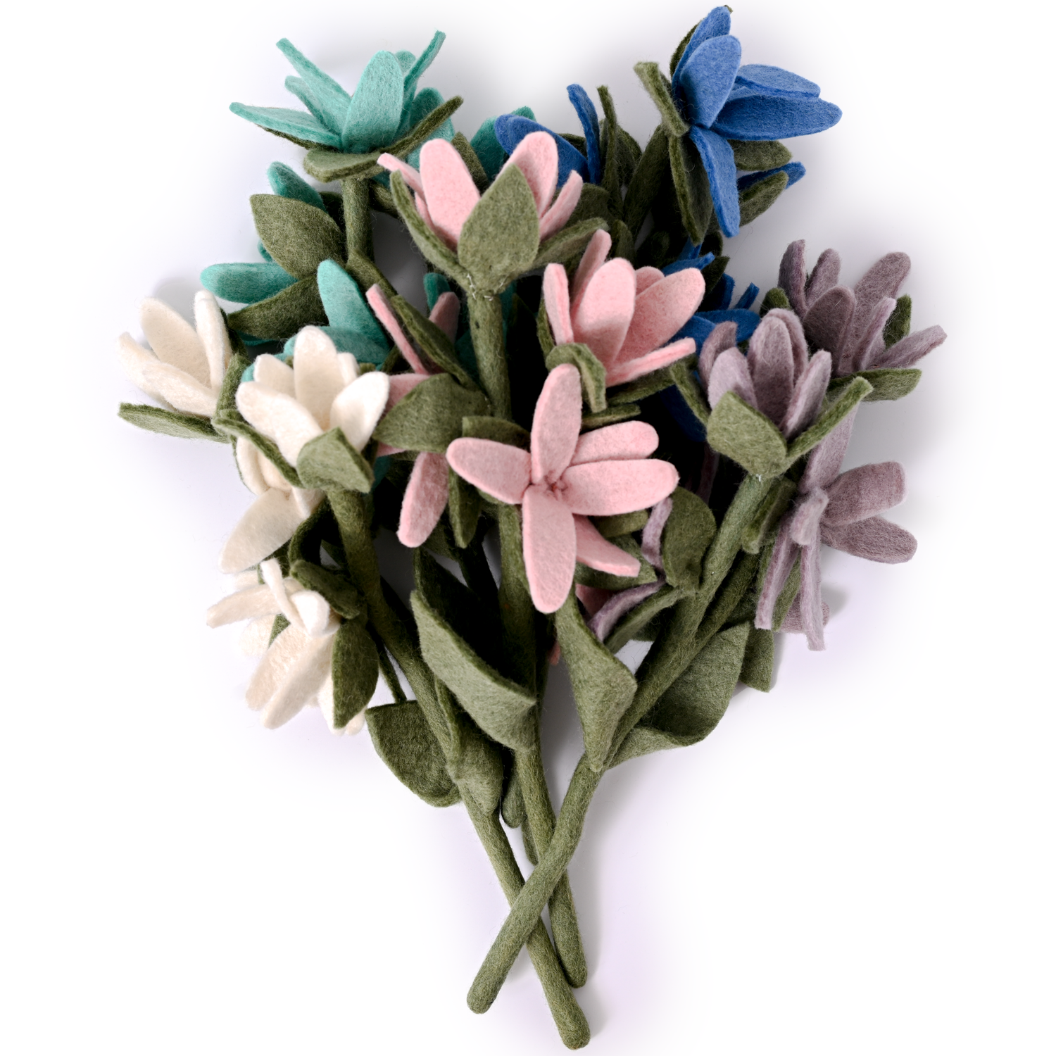 Bunch of felt watsonia flowers in white, light blue, pink, bright blue, and light purple.