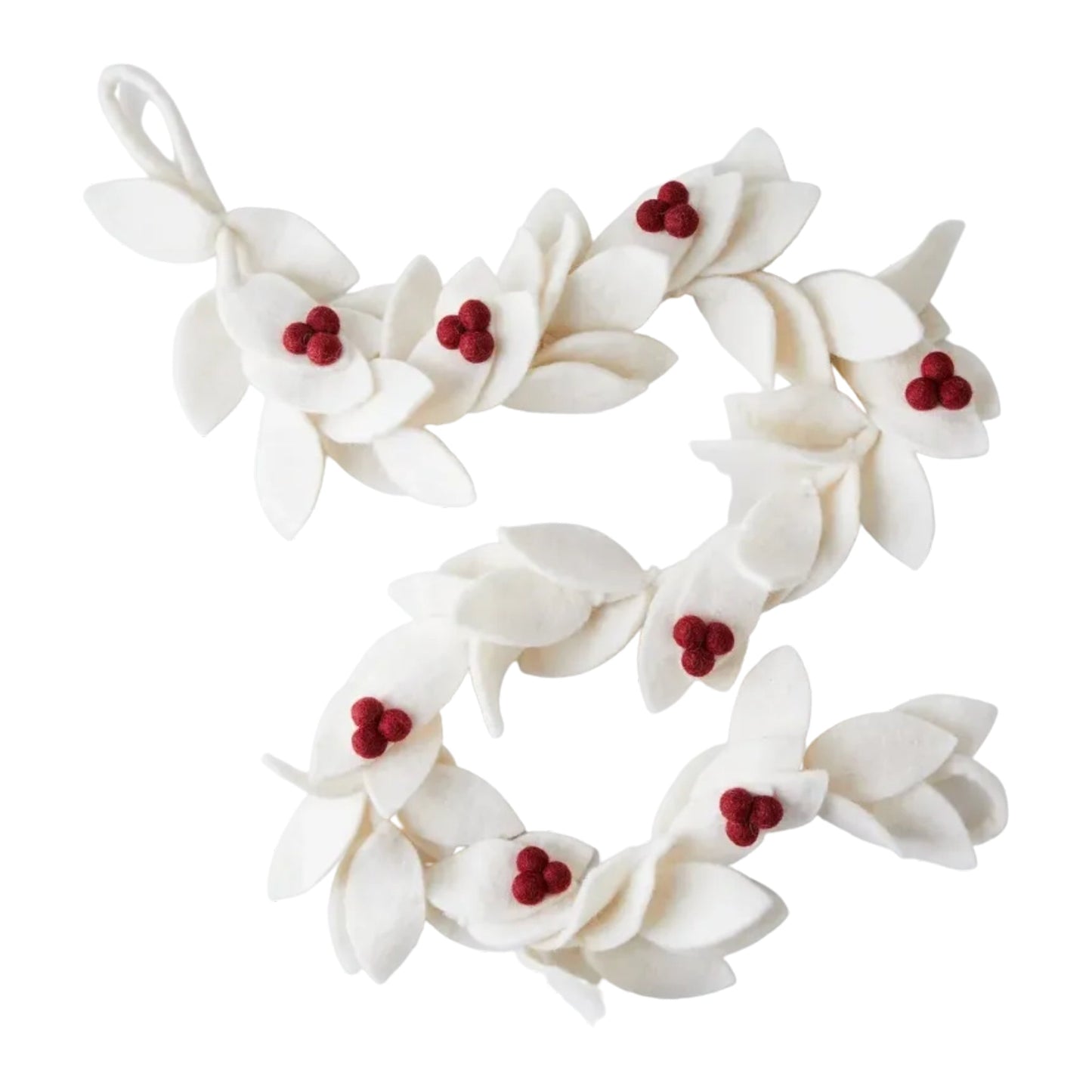 Felt garland with white leaves with red berries.