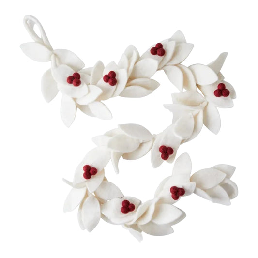 Felt garland with white leaves with red berries.