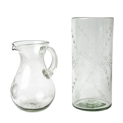 Etched clear glass vase and pitcher.