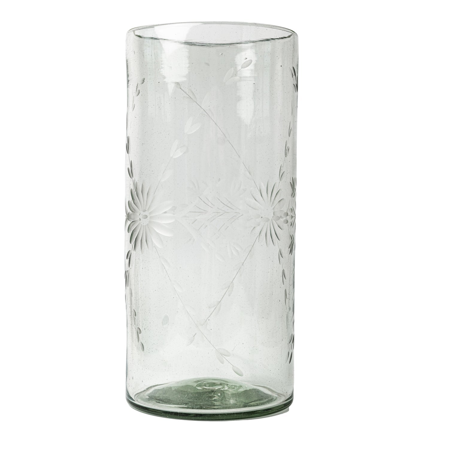 Etched clear glass vase.