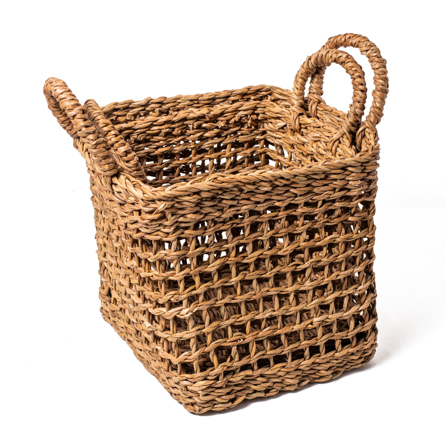 Set of two brown woven baskets with net design stacked together.