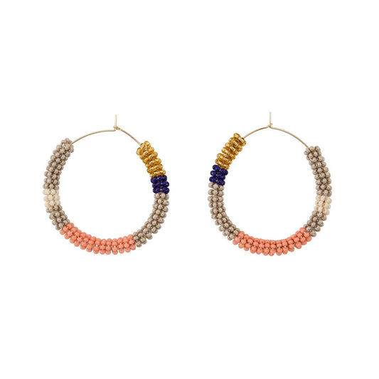 Gold hoop beaded earrings wrapped with glass beads in dusty pink, navy blue, cool taupe and gold colors.