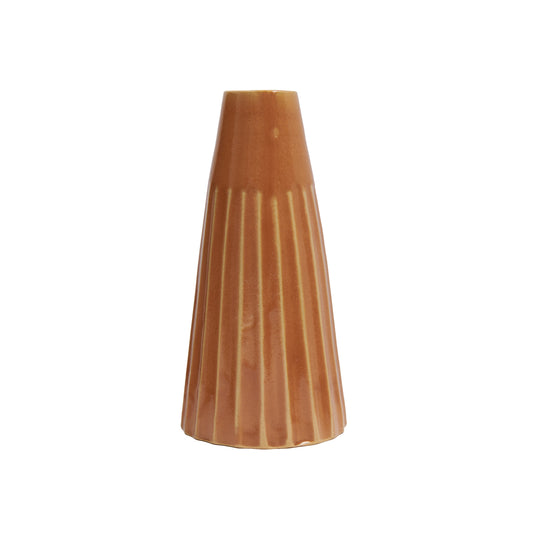 Ceramic tapered vase in burnt orange color.