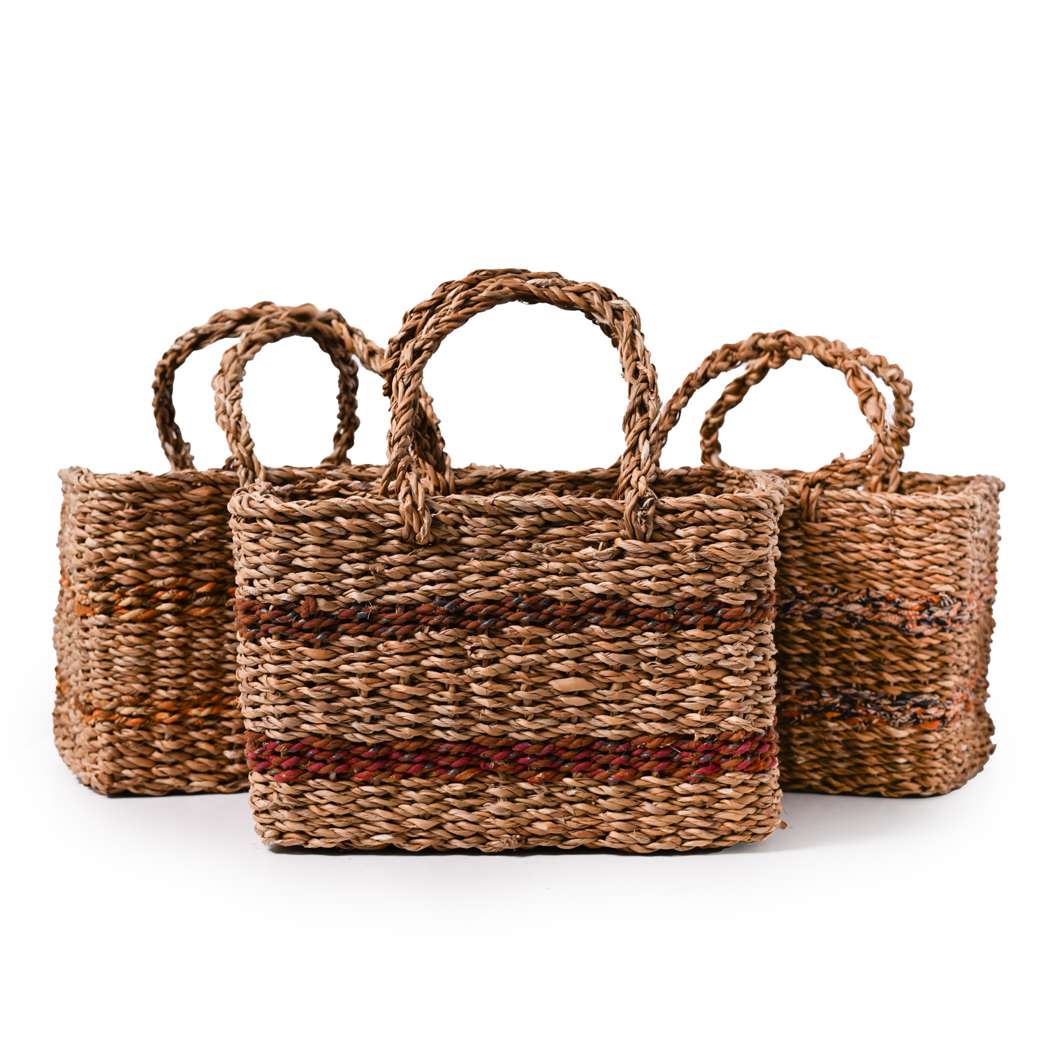Three woven brown baskets.  Front basket shown with two red stripes.