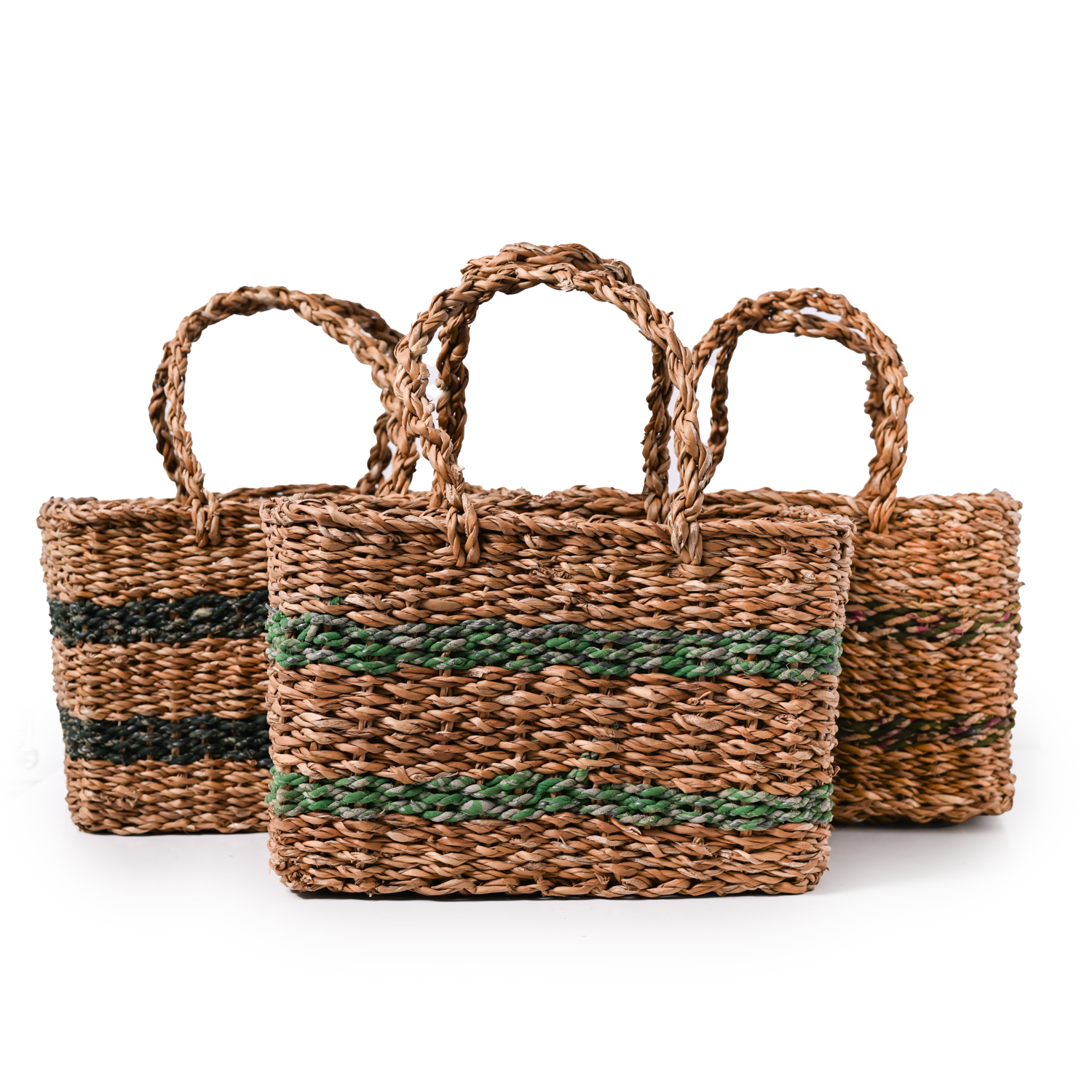 Three woven brown baskets, each with two stripes of either blue, green, or brown.